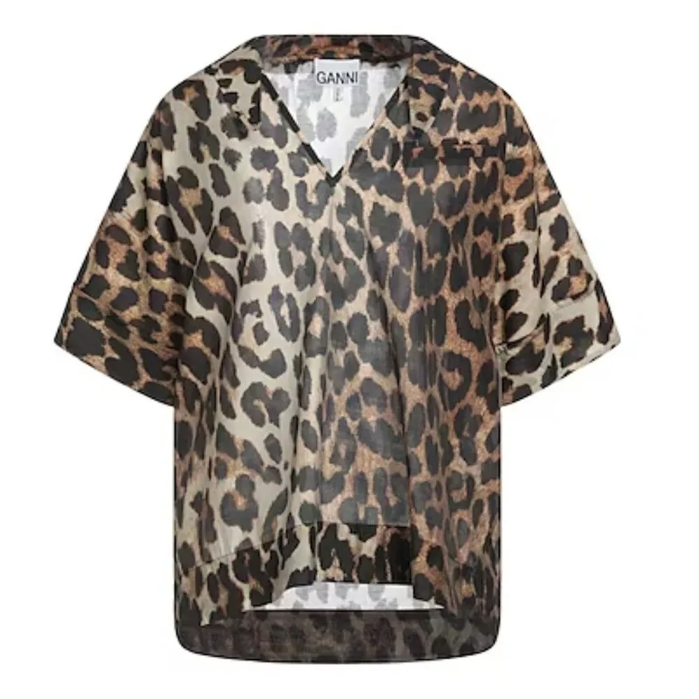 NWT GANNI leopard print top blouse short sleeve semisheer lightweight 36 breezy - Picture 1 of 16
